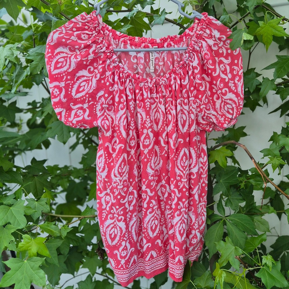 Grand &‎ Greene Women Pink White Damask Paisley Rayon Peasant Blouse Med Boho